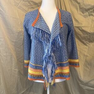 Ruby Rd Sweater Petite S Blue Open Front Fringe Trim Cardigan